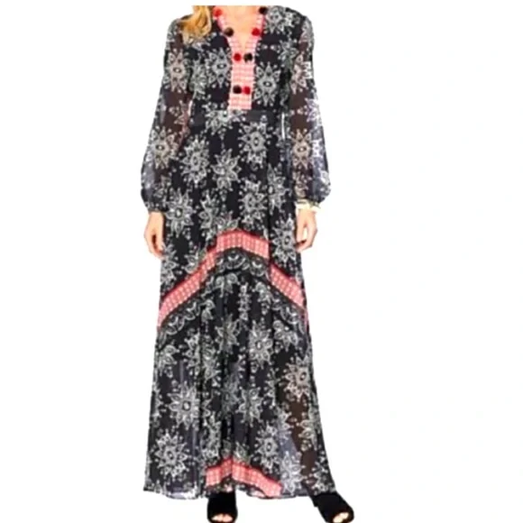 Sheryl Crow Black White Red Mandela Print PomPom Neckline MaxiDress NWT Size 24W - Picture 1 of 16